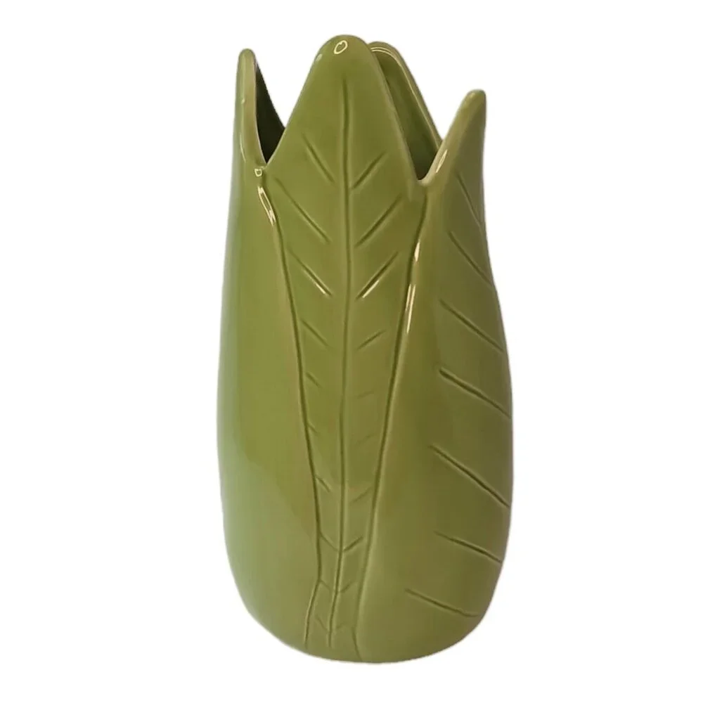 Pottery Barn Green Banana Leaf Vase Tropical Jungle 9